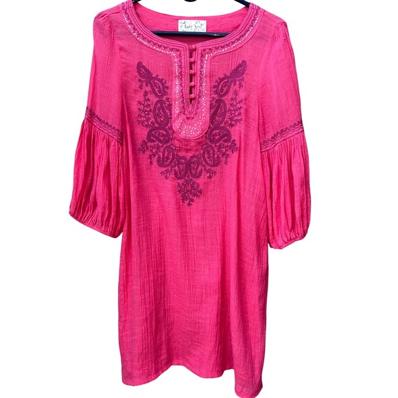 Lady Noiz Dresses & Skirts - Lady Noiz Pink Paisley Embroidered Rhinestone Tunic Dress Puff Sleeve Boho